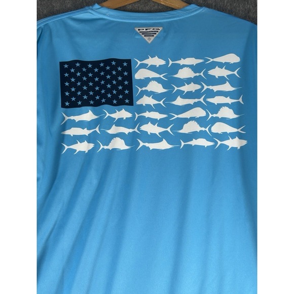 NWT COLUMBIA MEN'S PFG TBlue Omni-Shade L/S Shirt M UPF Sun Protection Fish Flag - Picture 3 of 9